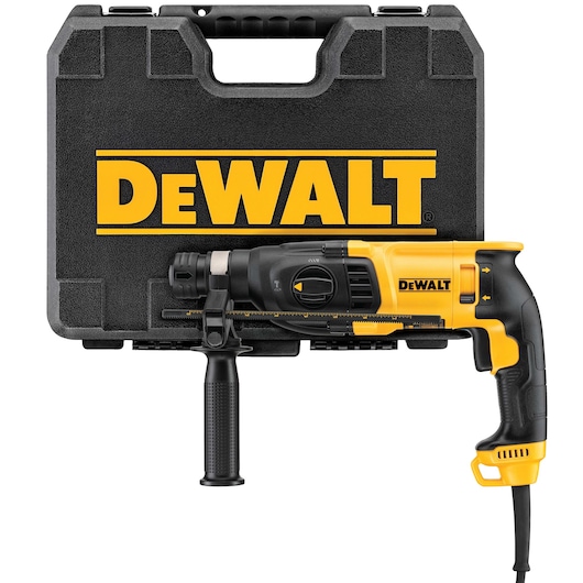 A DEWALT branded rotary hammer drill with a black and yellow handle, shown attached with a side handle. Behind the drill is a black carrying case with the DEWALT logo printed in yellow.