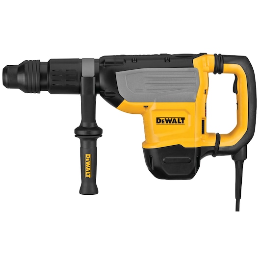 A DEWALT electric hammer drill with a side handle and a yellow and black design. The drill is shown against a white background.
