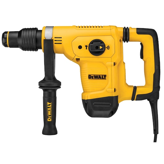 A yellow and black DEWALT corded demolition hammer with side handle, viewed from the side against a white background.
