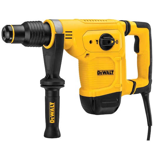 A yellow and black DEWALT corded rotary hammer drill with side handle, shown against a white background.