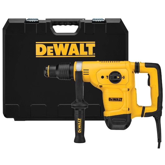 A yellow DEWALT demolition hammer with a black handle and a carrying case placed behind it. The brand name DEWALT is prominently displayed on both the tool and the case.