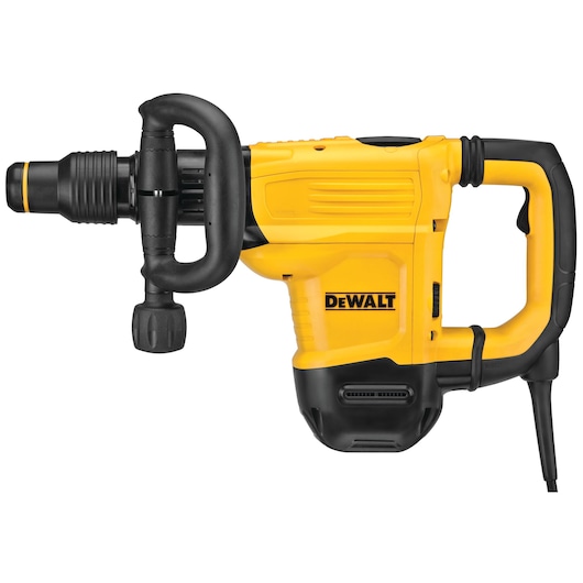 A DeWALT branded yellow and black electric demolition hammer with a side handle and cord, designed for heavy-duty construction work.