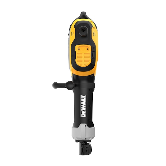 Front view of a DEWALT demolition hammer, featuring a black and yellow design with a side handle, model D25966K.