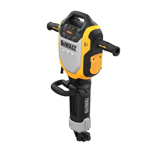 A DEWALT branded electric breaker hammer with a yellow and black design, featuring two handles and a robust construction, suitable for heavy-duty demolition work.