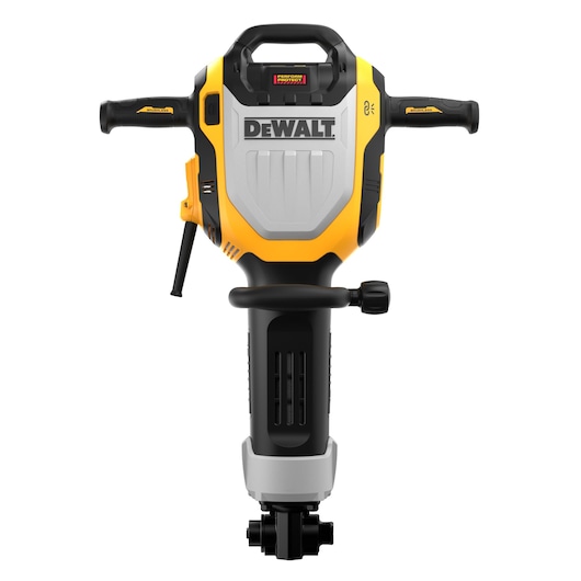 Front view of a DEWALT heavy-duty demolition hammer, featuring ergonomic handles and a robust design.