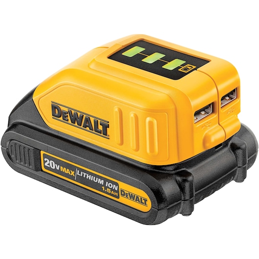 A DEWALT 20V Max Lithium Ion battery adapter with dual USB ports, model DCB090. The adapter is yellow and black with indicator lights on top.