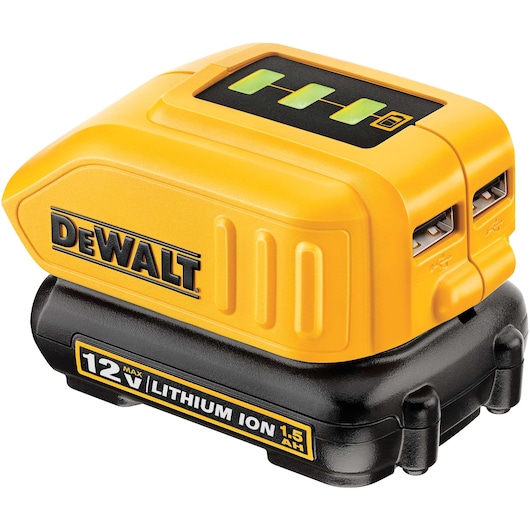 A DEWALT branded 12V lithium-ion battery and USB power adapter. The adapter is yellow with two USB ports and an indicator light, and it sits on top of the black battery base labeled '12V MAX LITHIUM ION 1.5AH.'