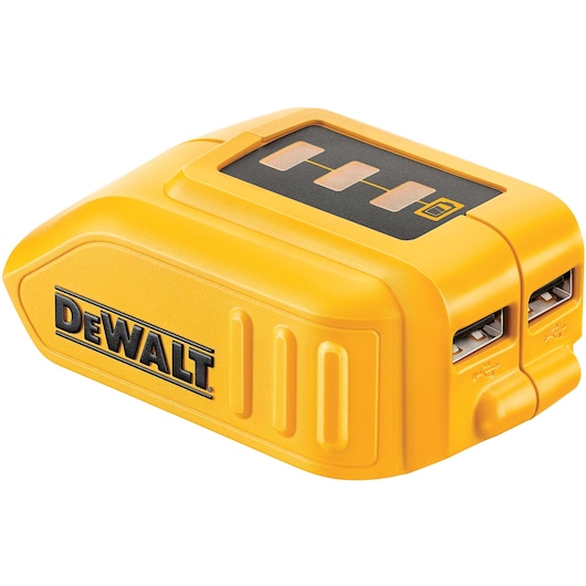 A yellow DEWALT adapter with two USB charging ports and a battery indicator on top.