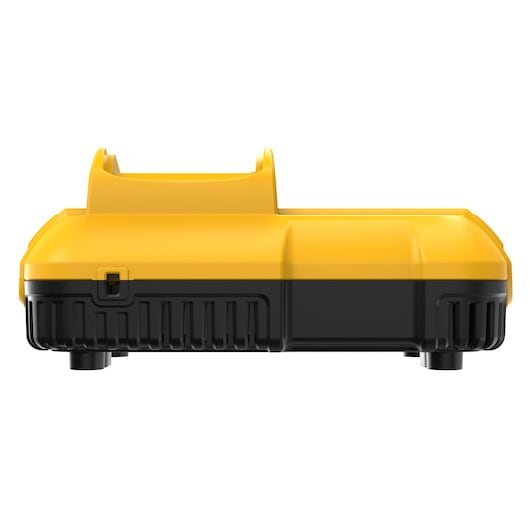 Front view of a DEWALT DCB118 yellow and black battery charger, showing its compact design and charging slot.