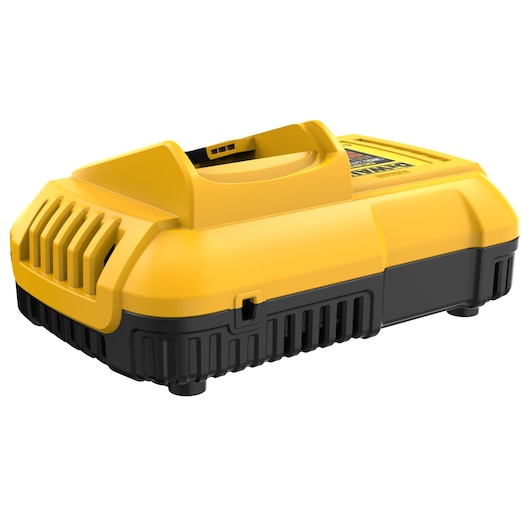 A yellow and black DEWALT battery charger, designed for power tool batteries, shown on a white background.