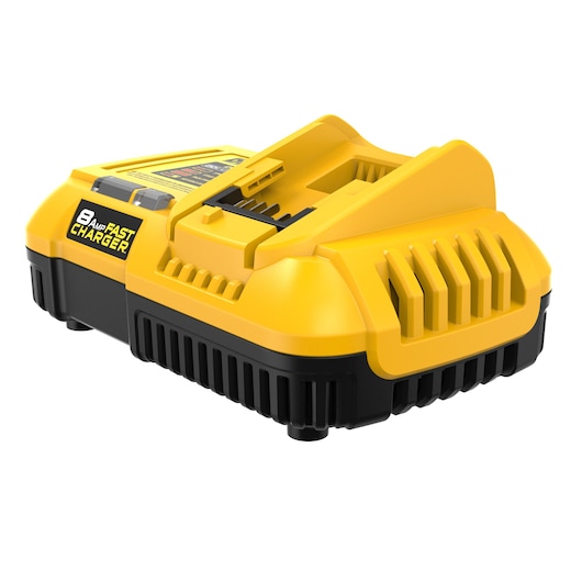A yellow and black DEWALT 8 amp fast battery charger, designed for charging power tool batteries.