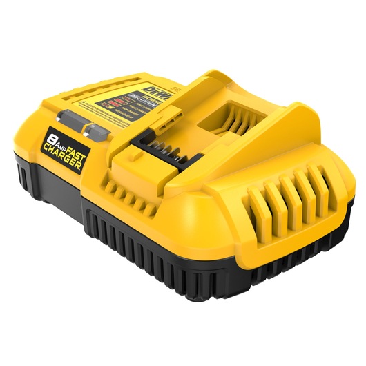 A yellow and black DEWALT 8 amp fast battery charger for power tools, shown from an angled perspective.