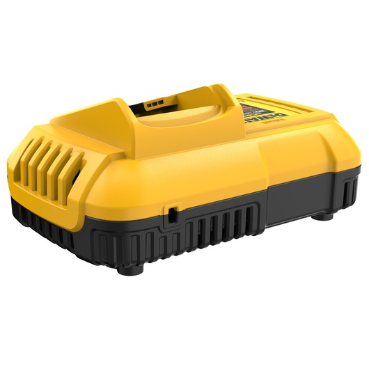 A yellow and black DEWALT battery charger, designed for power tool batteries, shown on a white background.