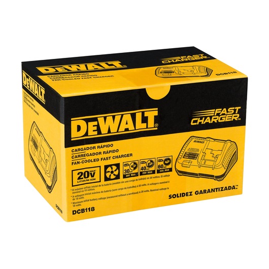 A box of DEWALT DCB118 fast charger for 20V MAX lithium ion batteries. The packaging is yellow and black, with product illustrations and specifications in multiple languages on the front. The box highlights rapid charging capabilities and a fan-cooled system.