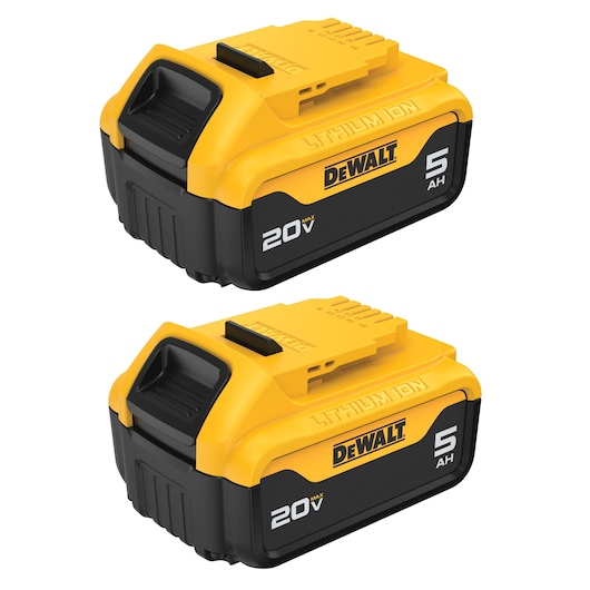 Two DEWALT 20V MAX lithium-ion batteries with 5 amp-hour capacity, shown in yellow and black color.