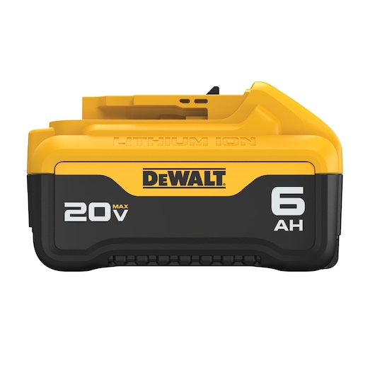 Front view of a DEWALT 20V MAX Lithium-Ion 6Ah battery pack.