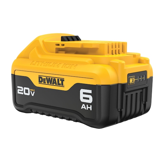 A DEWALT 20V MAX lithium ion battery with 6 amp hours capacity. The battery is yellow and black, with the DEWALT logo and technical details printed on the side.