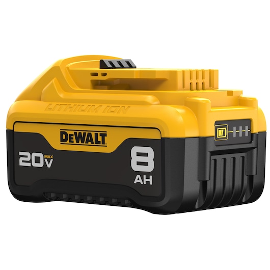 A DEWALT 20V Max 8AH lithium-ion rechargeable battery, featuring a yellow and black design with brand logo and capacity information clearly displayed.