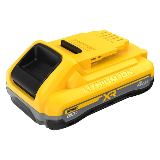 DEWALT POWERPACK four amp hour battery at a slight angle from the top 