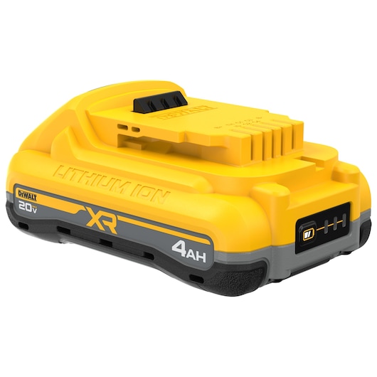 DEWALT POWERPACK four amp hour battery at a slight angle  showing LED state of charge indicator