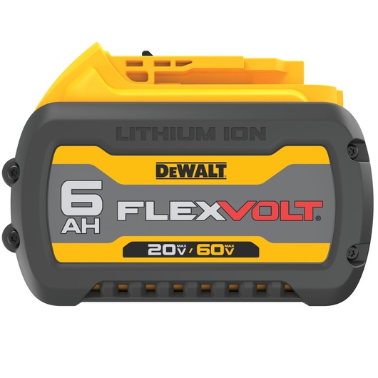 DEWALT FLEXVOLT 6AH lithium ion battery, black and yellow casing, showing voltage ratings of 20V max and 60V max.