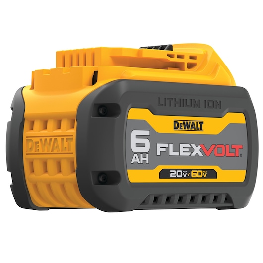 A DEWALT DCB606 FlexVolt 20V/60V 6Ah lithium-ion battery, shown in yellow and black with model information prominently displayed on the casing.