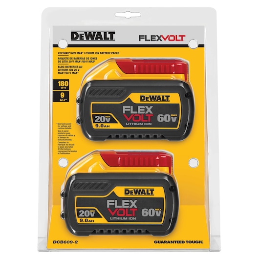 Profile of Two 20 Volt to 60 Volt 9 AMP hours Lithium-Ion Batteries in plastic Packaging