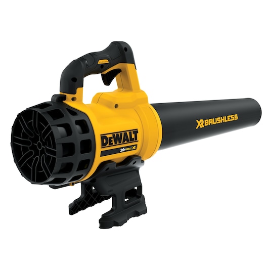 A yellow and black DEWALT XR Brushless 20V MAX handheld cordless blower, designed for outdoor cleaning tasks.