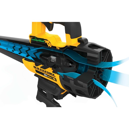 Close-up view of a DEWALT 20V MAX cordless leaf blower showing an internal cutaway revealing airflow dynamics and internal components.