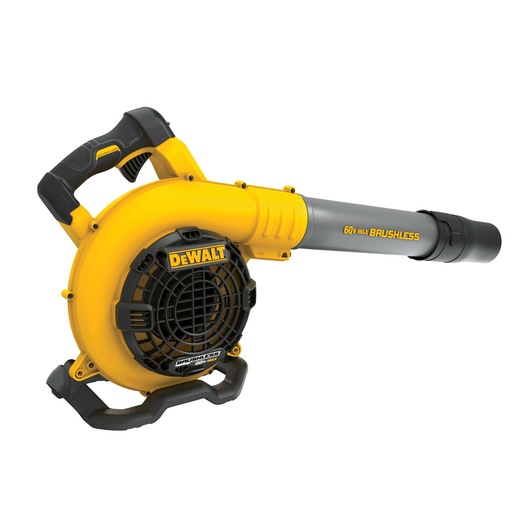 A DEWALT 60V MAX Brushless Cordless Leaf Blower with a yellow and black design, featuring a comfortable handle and a long nozzle.