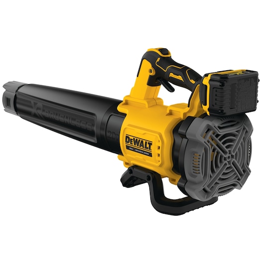 A Dewalt 20V cordless electric leaf blower with a black and yellow design, featuring a brushless motor and a rechargeable battery attached.