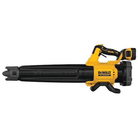 A DEWALT cordless leaf blower in black and yellow, featuring a handle and battery pack on the back end.