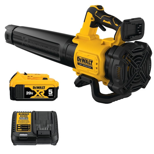 A DEWALT 20V XR brushless cordless leaf blower kit including the leaf blower, a 20V lithium-ion battery with 5 amp hours, and a battery charger.