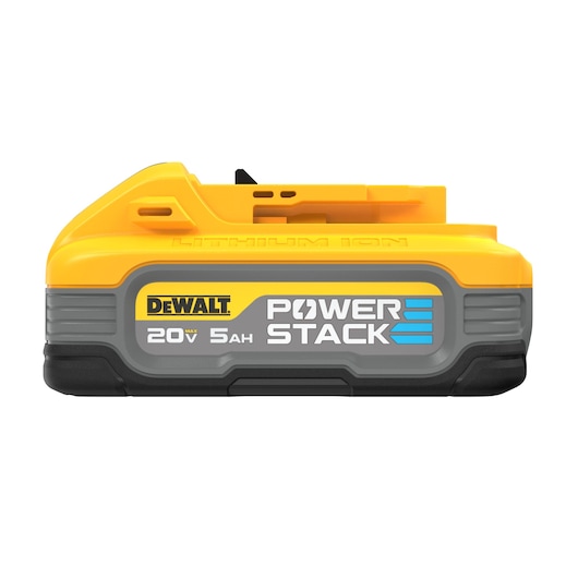 A DEWALT 20V MAX XR lithium-ion battery pack with a capacity of 5Ah. The battery is yellow and grey with black accents, and features branding and technical specifications on the side.