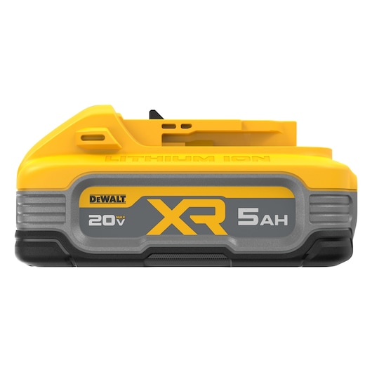A DEWALT 20V XR lithium ion battery with a 5 amp hour capacity is shown. The battery is yellow and gray with black accents and has branding and specifications visible on the front.