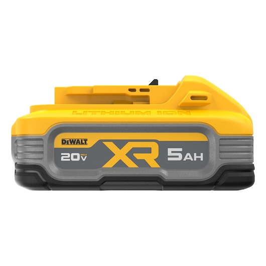 Front view of a DEWALT 20V Max XR lithium-ion battery pack with 5Ah capacity, yellow and gray in color, designed for power tools.