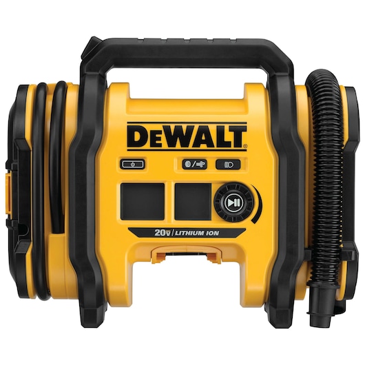 Front view of a DEWALT portable air inflator with a yellow and black design, featuring a handle, control buttons, digital display, hose, and labeled with 20V Lithium Ion.