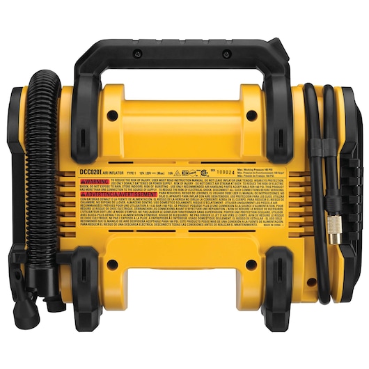 Front view of a yellow DEWALT portable air inflator with a black handle, coiled hose, and power cord attached to the sides. Product label and instructions are visible on the front.