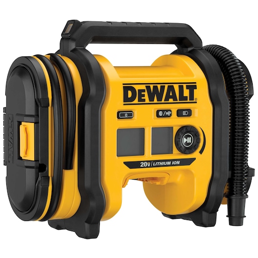 A DEWALT 20V Lithium Ion portable air inflator, featuring a yellow and black design, digital display, control buttons, and a flexible hose attached to the side.