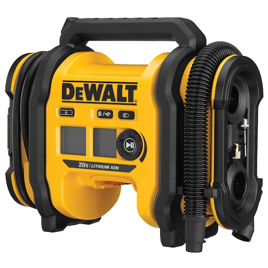 A DEWALT portable air inflator with a yellow and black design, displaying a digital control panel, power button, and various control icons on the front. The inflator features a sturdy carrying handle, coiled hose, and accessory storage on the side. The product is labeled '20V Lithium Ion.'