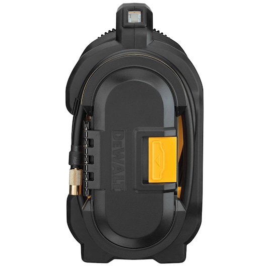 Front view of a DEWALT portable inflator, black with yellow accents, showing its hose and storage compartment.