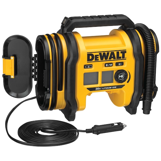 Portable DEWALT 20V Lithium Ion inflator with a yellow and black casing, digital controls, a power cord, and a hose attached, suitable for inflating tires and other items.