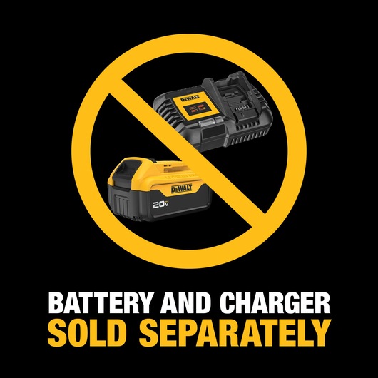 Image showing a DEWALT battery and charger with a yellow prohibition symbol over them, accompanied by the text 'Battery and charger sold separately' below.
