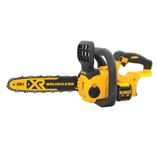 A yellow and black DEWALT 20V XR brushless cordless chainsaw with ergonomic handle and visible brand markings.