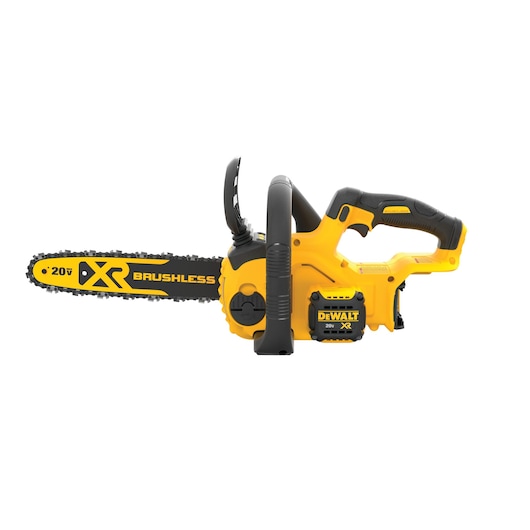 A DEWALT 20V XR Brushless cordless chainsaw with a yellow and black design, shown from the side.