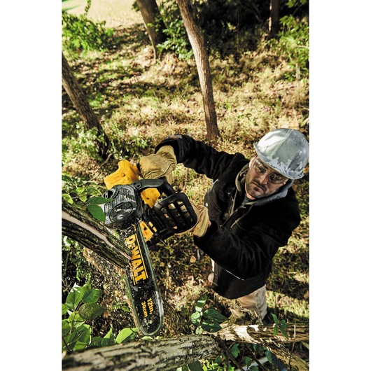 XR® Compact 12 inch Cordless Chainsaw being used by a person to cut a tree trunk in  woods
