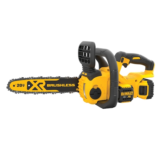 A yellow and black DEWALT cordless chainsaw with 'XR Brushless' and '20V' markings on the blade, featuring an ergonomic handle and battery pack.