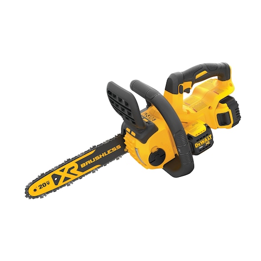 A yellow and black DEWALT cordless chainsaw with a brushless motor, featuring a 20V battery and ergonomic handle.