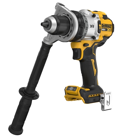 A DEWALT 20V XR cordless drill with a side handle and metal belt clip, featuring a brushless motor and ergonomic design, displayed against a white background.