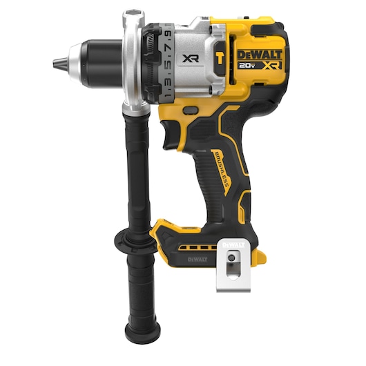 A DEWALT 20V XR cordless brushless drill with side handle attachment, shown against a white background. The drill features a black and yellow design with visible branding and adjustment ring.